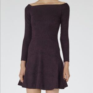 REISS Womens Dress Size 4 Purple Mini Fit Flare Off Shoulder Ponte Stretch